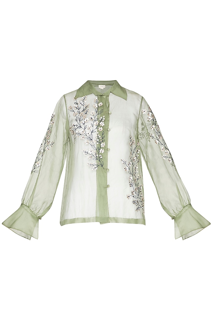 Olive green sheer embroidered shirt by Nineteen89 by Divya Bagri