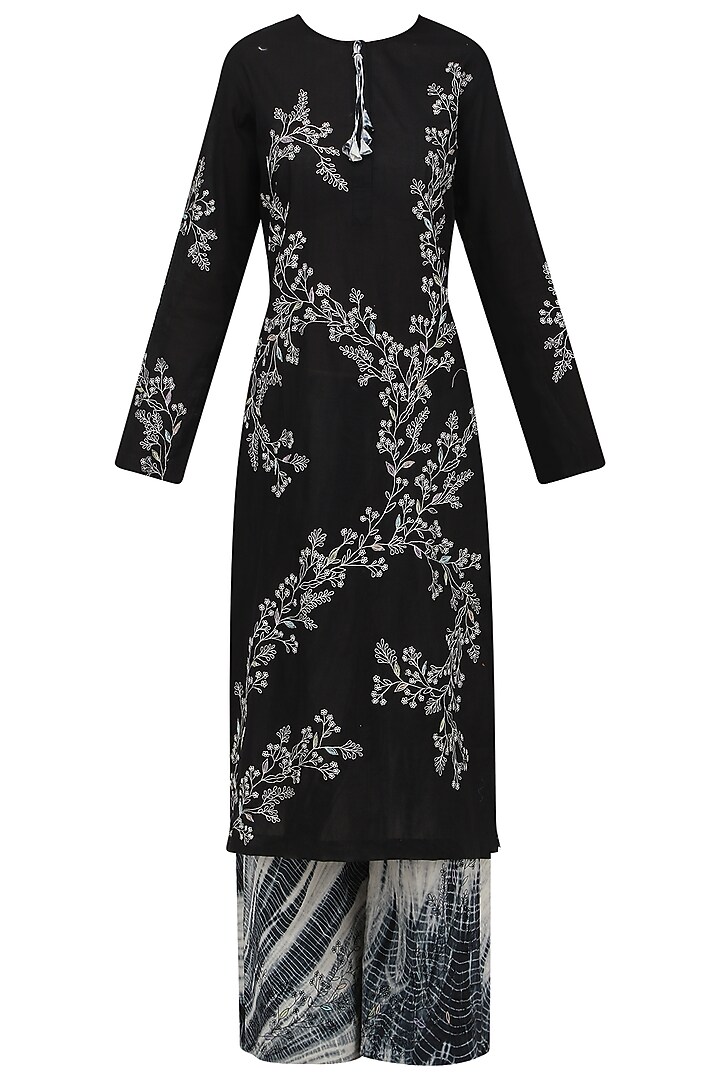 Black embroidered kurta with shibori palazzo pants available only at Pernia's Pop Up Shop.