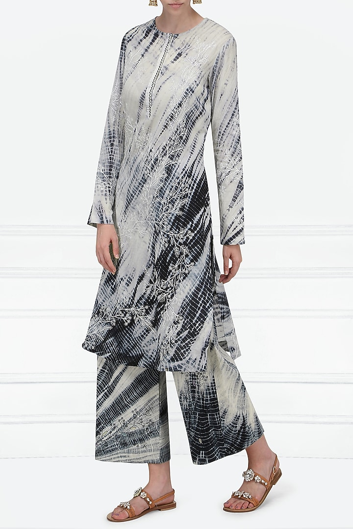 Black and white shibori embroidered kurta with palazzo pants available only at Pernia's Pop Up Shop.