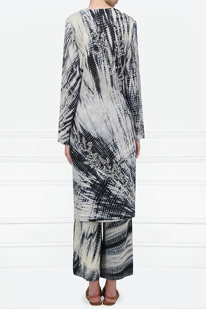 Black and white shibori embroidered kurta with palazzo pants available only at Pernia's Pop Up Shop.