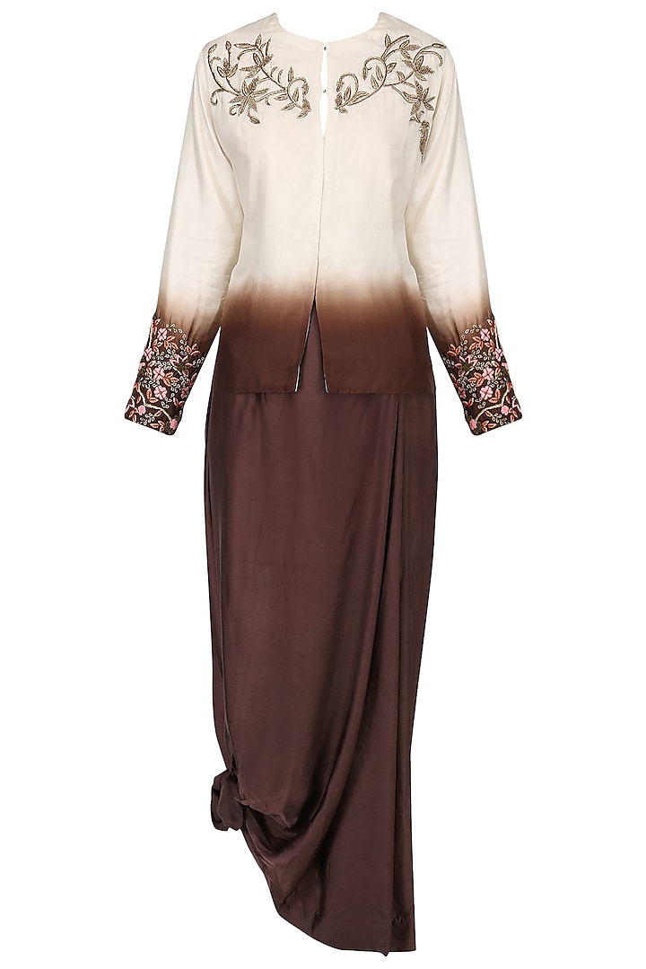 Beige to brown embellished jacket with pleated skirt by Nineteen89 by Divya Bagri