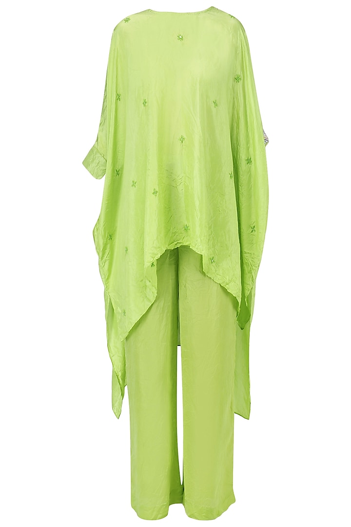 Fresh green embellished asymmetric top with pants by Nineteen89 by Divya Bagri
