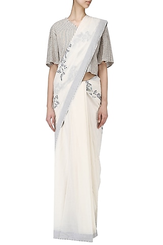 Off white embroidered Calico saree with striped blouse by Nineteen89 by Divya Bagri