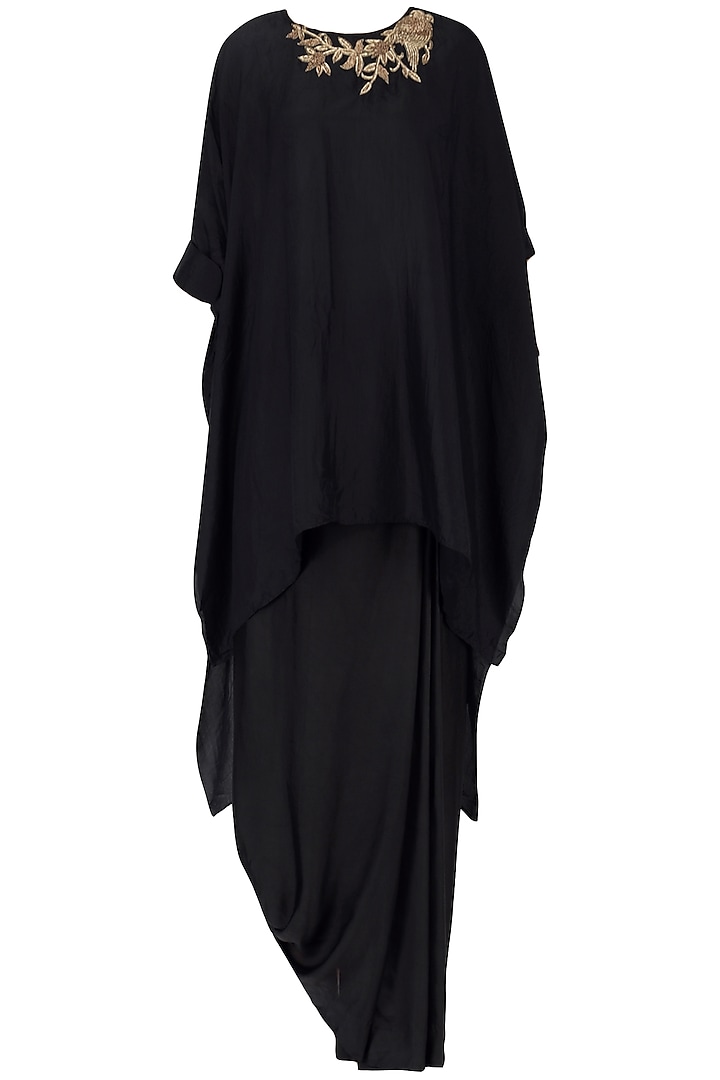Black zardosi embroidered asymmetric top with pleated skirt by Nineteen89 by Divya Bagri