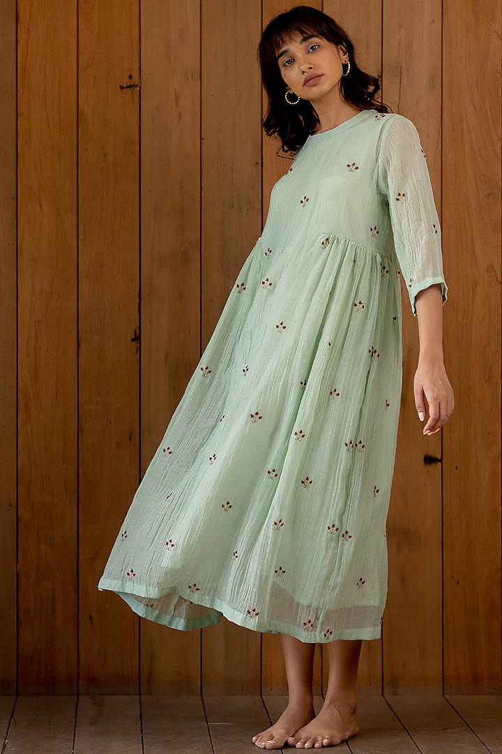 Mint Hand Embroidered Dress With Slip by Nirjara