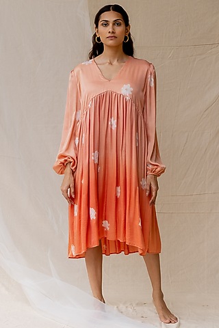 Peach Hand Painted Gathered Dress by Nirjara