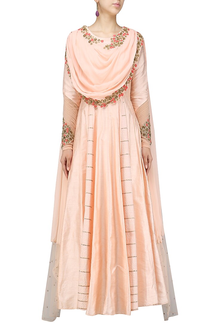 Rose pink embroidered anarakali with drape dupatta available only at Pernia's Pop Up Shop.