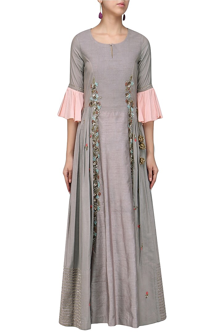 Dark Grey frilled sleeves anarkali available only at Pernia's Pop Up Shop.