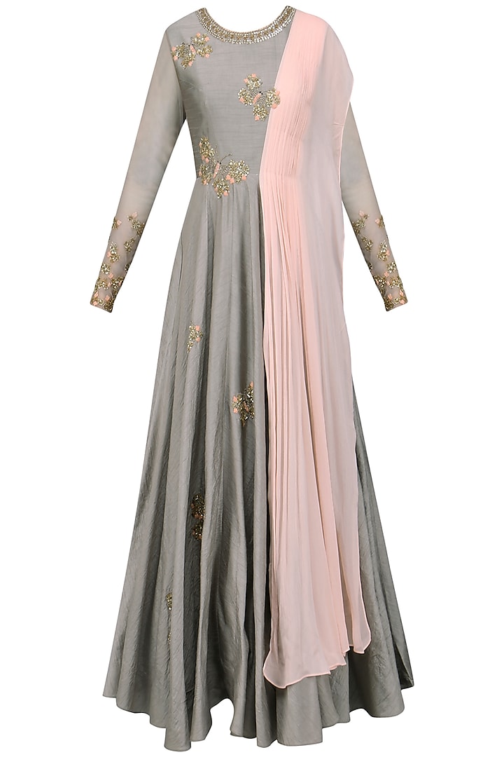 Grey and Pink Butterfly Embellished Anarkali by Shikha and Nitika