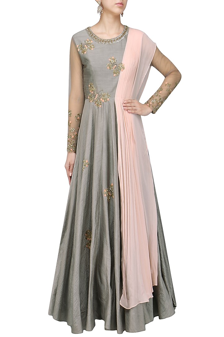 Grey and Pink butterfly embellished anarkali available only at Pernia's Pop Up Shop.