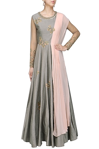 Grey and Pink Butterfly Embellished Anarkali by Shikha and Nitika