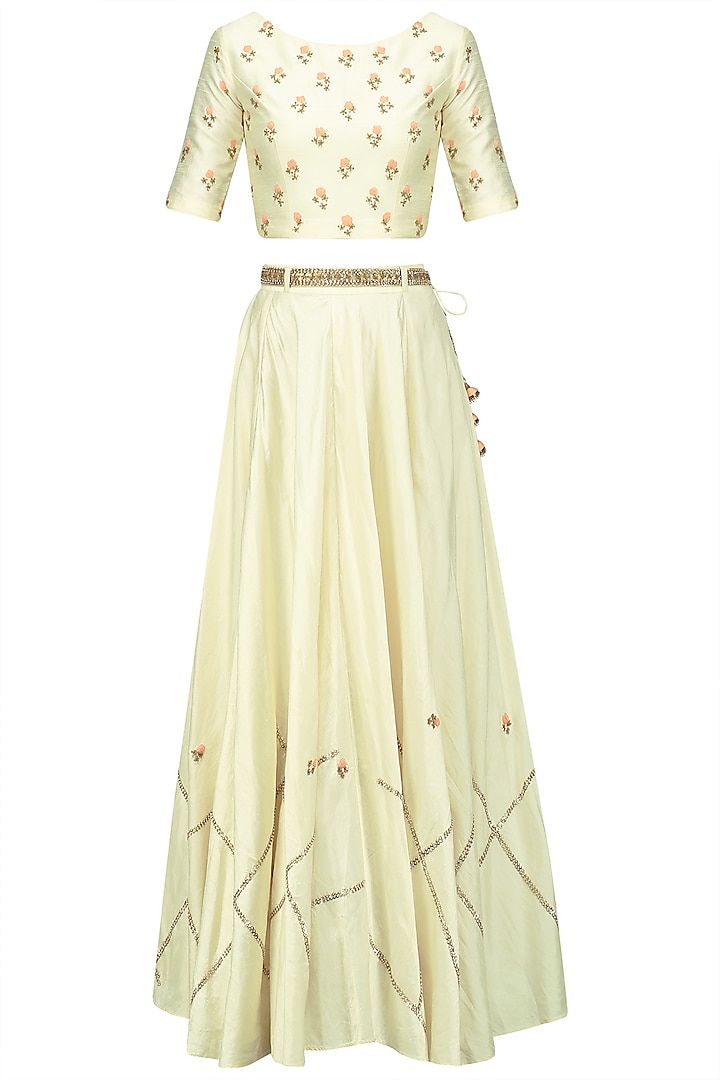 Offwhite Embroidered Crop Top and Skirt Set by Shikha and Nitika
