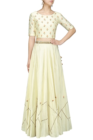 Offwhite Embroidered Crop Top and Skirt Set by Shikha and Nitika