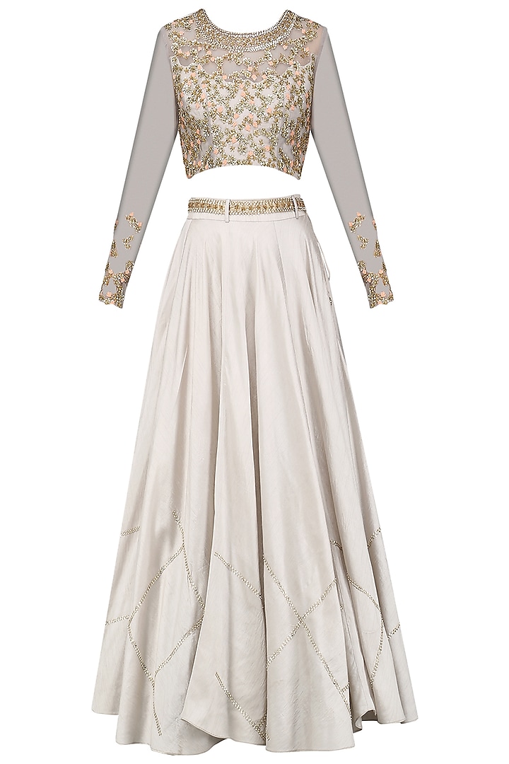 Grey Embroidered Crop Top and Skirt Set by Shikha and Nitika