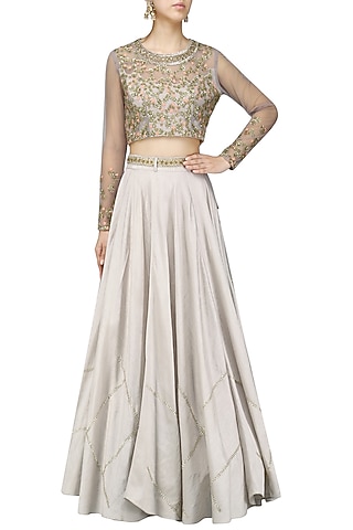 Grey Embroidered Crop Top and Skirt Set by Shikha and Nitika