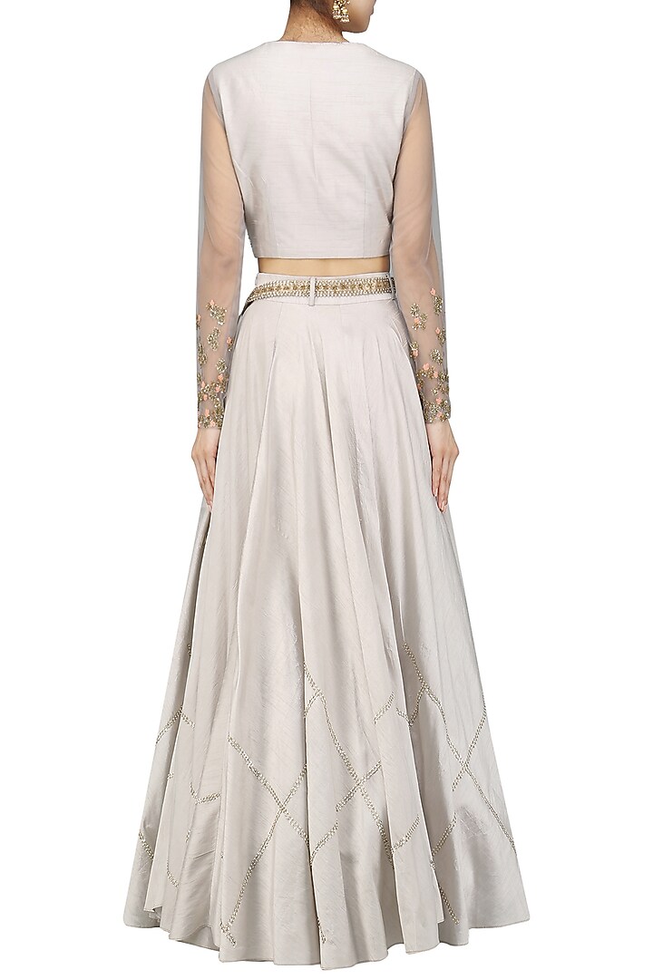 Grey embroidered crop top and skirt set available only at Pernia's Pop Up Shop.