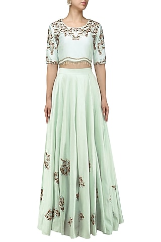 Powder Blue Embroidered Crop Top and Skirt Set by Shikha and Nitika