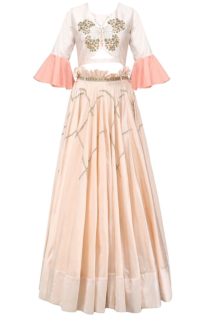 Baby Pink Butterfly Embroidered Crop Top and Skirt Set by Shikha and Nitika