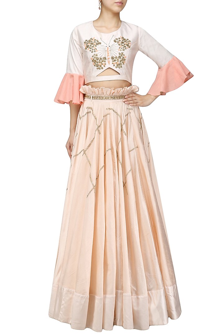 Baby pink butterfly embroidered crop top and skirt set available only at Pernia's Pop Up Shop.