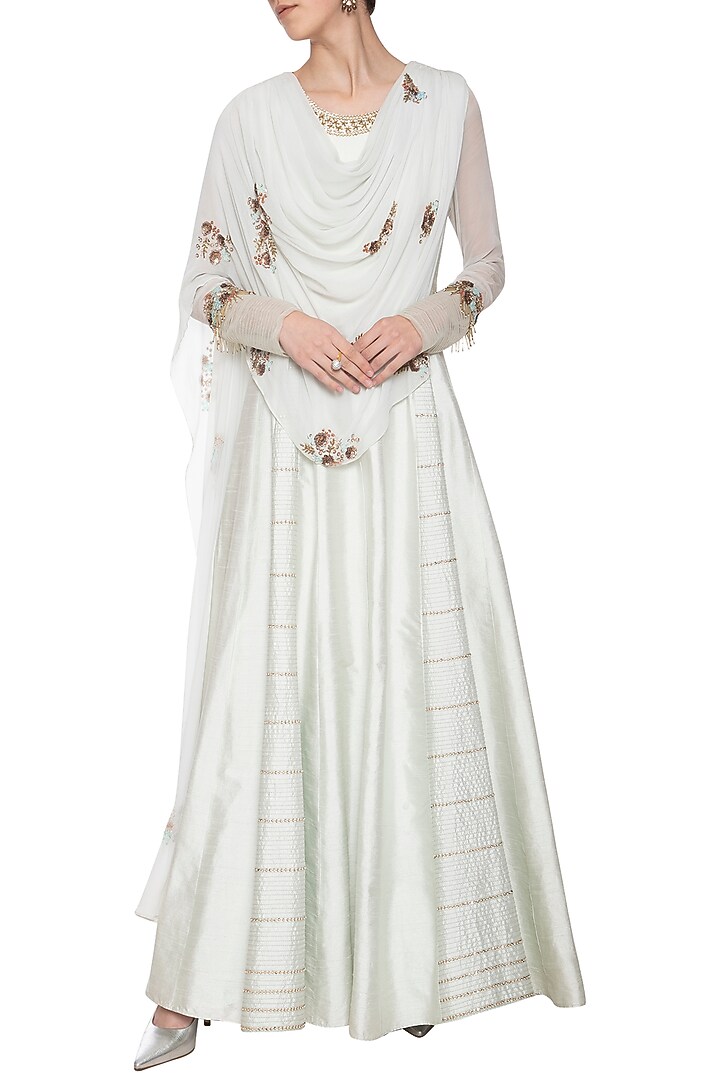 Powder blue embroidered drape Wedding Anarkali gown by Shikha and Nitika at Pernia's Pop Up Shop