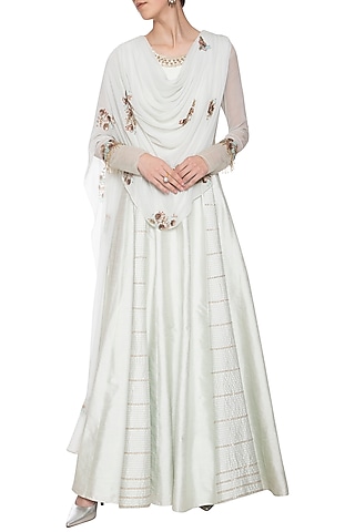 Powder blue embroidered drape anarkali gown by Shikha and Nitika
