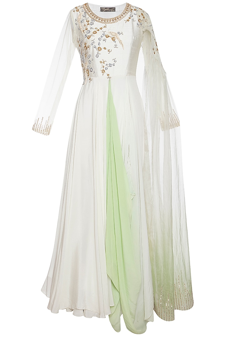 Pearl green embroidered drape anarkali gown by Shikha and Nitika