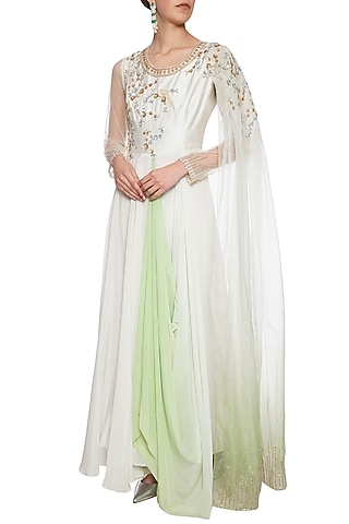 Pearl green embroidered drape anarkali gown by Shikha and Nitika