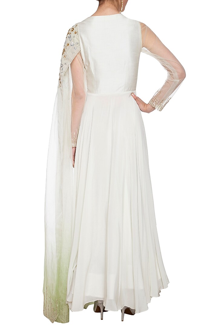 Pearl green embroidered drape Wedding Anarkali gown by Shikha and Nitika at Pernia's Pop Up Shop