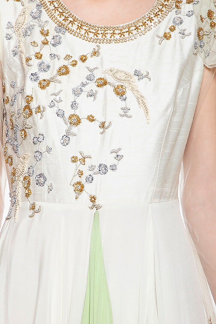 Pearl green embroidered drape Wedding Anarkali gown by Shikha and Nitika at Pernia's Pop Up Shop