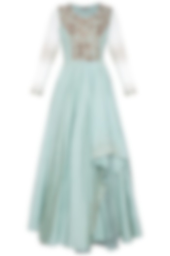 Sea green embroidered gown by Shikha and Nitika