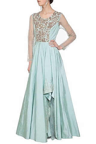 Sea green embroidered gown by Shikha and Nitika