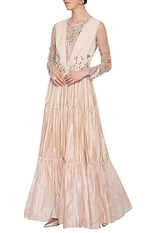 Coffee cream embroidered anarkali gown by Shikha and Nitika