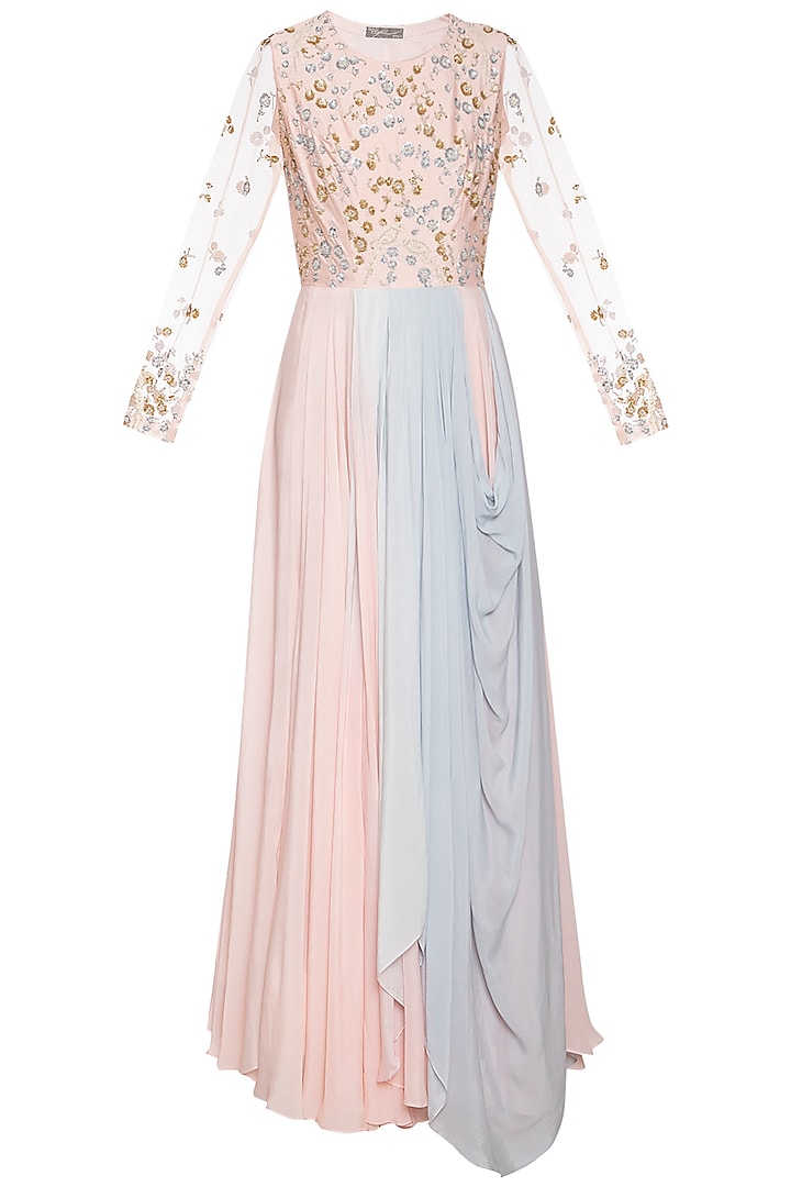 Baby pink and steel grey embroidered anarkali gown by Shikha and Nitika