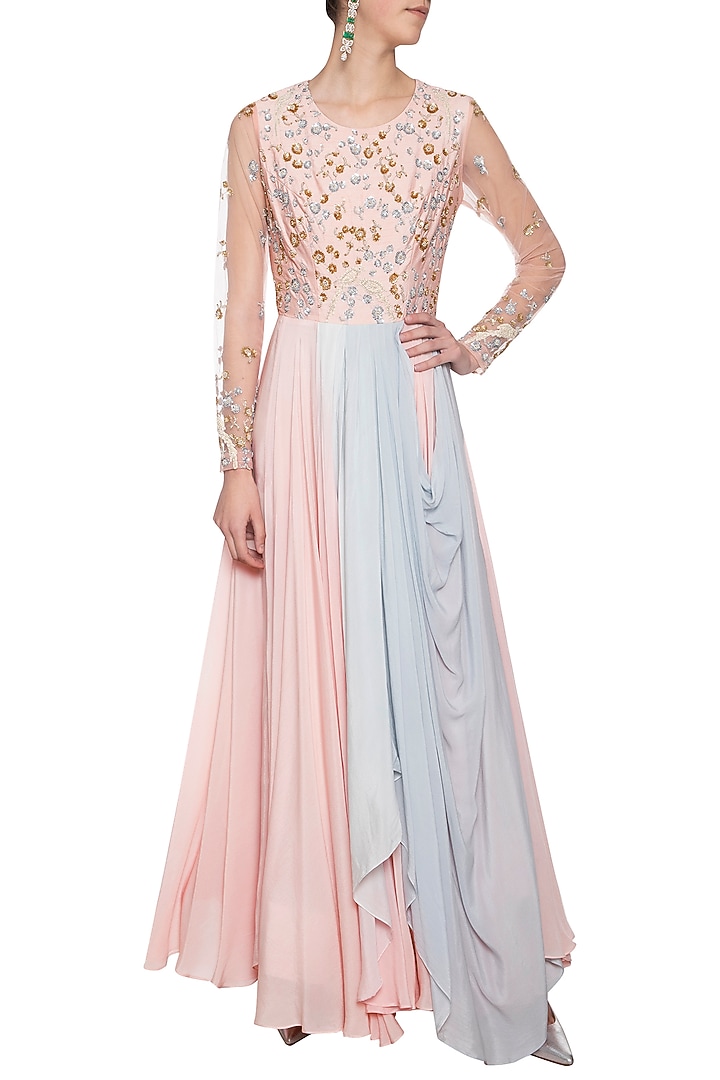 Baby pink and steel grey embroidered Wedding Anarkali gown by Shikha and Nitika at Pernia's Pop Up Shop