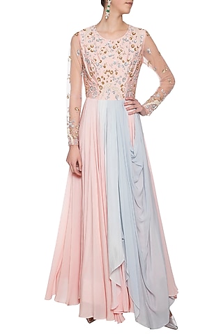 Baby pink and steel grey embroidered anarkali gown by Shikha and Nitika