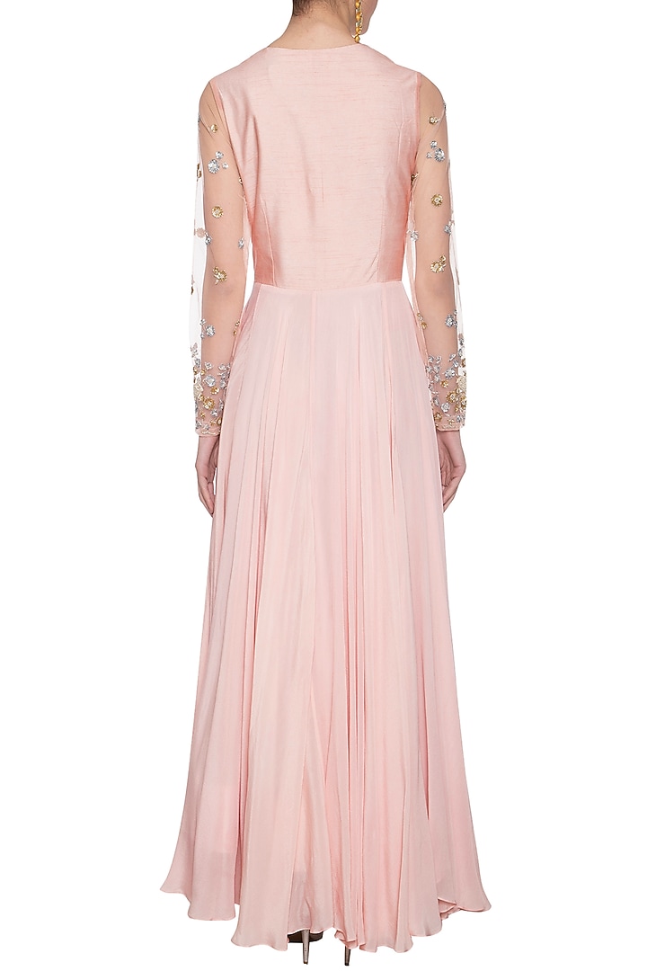 Baby pink and steel grey embroidered Wedding Anarkali gown by Shikha and Nitika at Pernia's Pop Up Shop