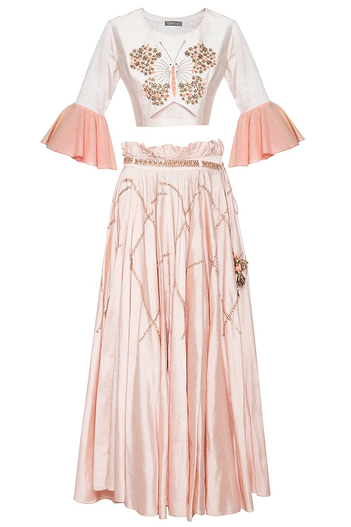 Baby pink embroidered crop top with skirt by Shikha and Nitika