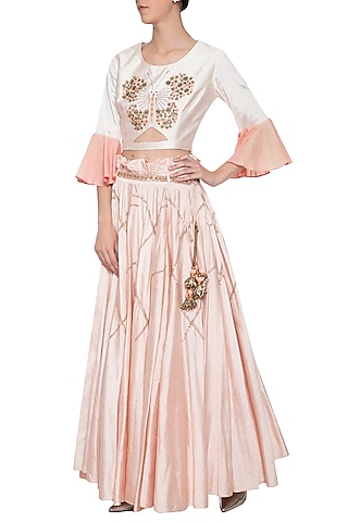 Baby pink embroidered crop top with skirt by Shikha and Nitika