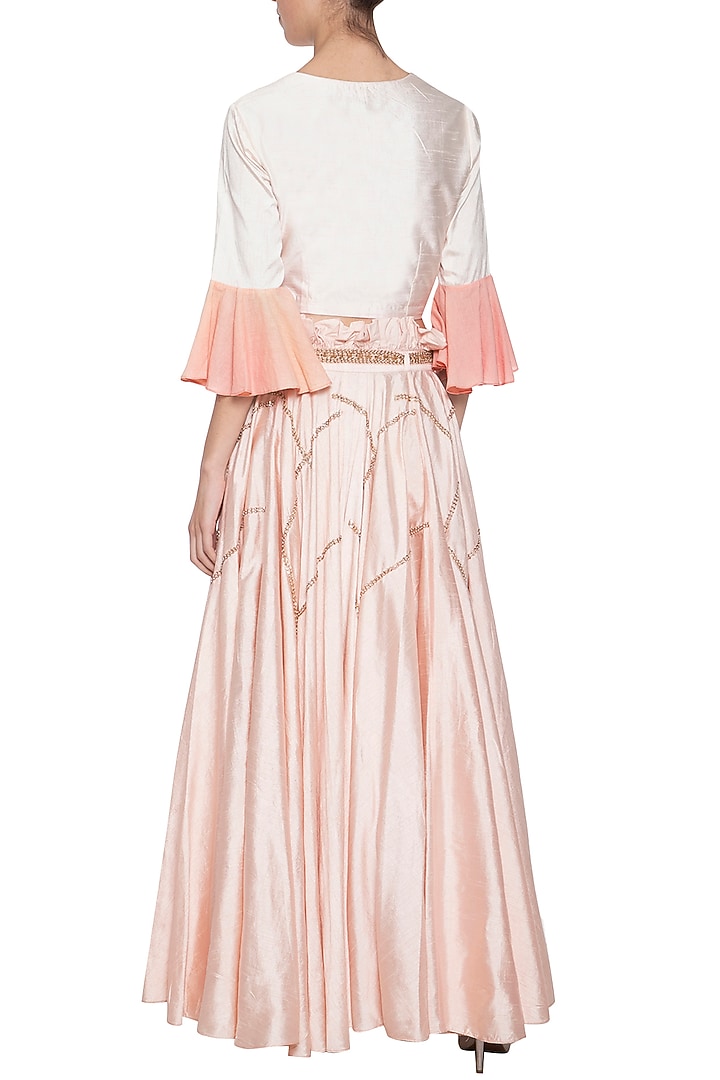 Baby pink embroidered crop top with skirt by Shikha and Nitika at Pernia's Pop Up Shop