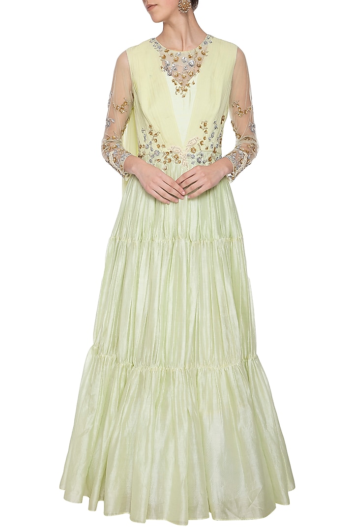 Mint green embroidered layered Wedding Anarkali gown by Shikha and Nitika at Pernia's Pop Up Shop