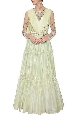 Mint green embroidered layered anarkali gown by Shikha and Nitika
