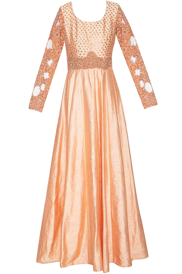 Peach embroidered anarkali set by Shikha and Nitika