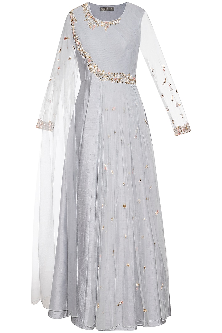 Steel grey embroidered drape anarkali gown by Shikha and Nitika