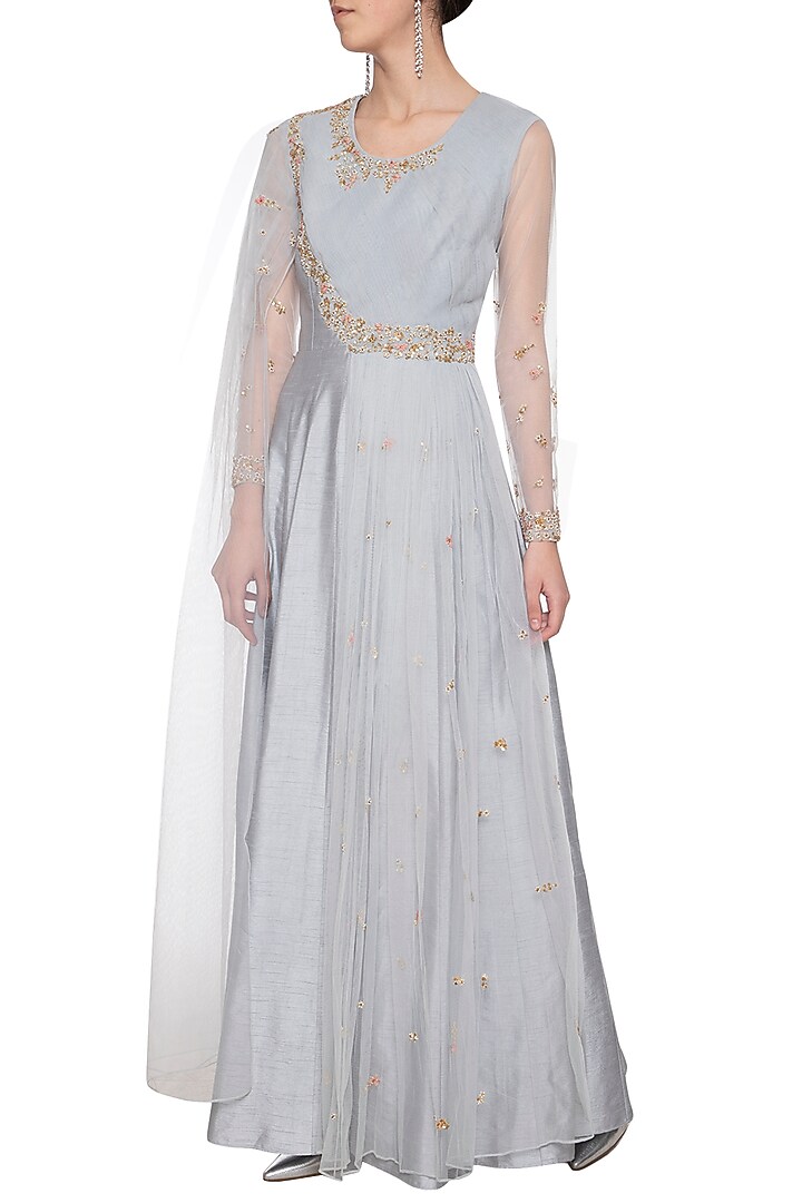 Steel grey embroidered drape Wedding Anarkali gown by Shikha and Nitika at Pernia's Pop Up Shop