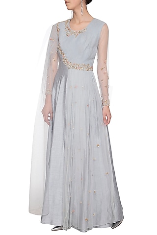 Steel grey embroidered drape anarkali gown by Shikha and Nitika