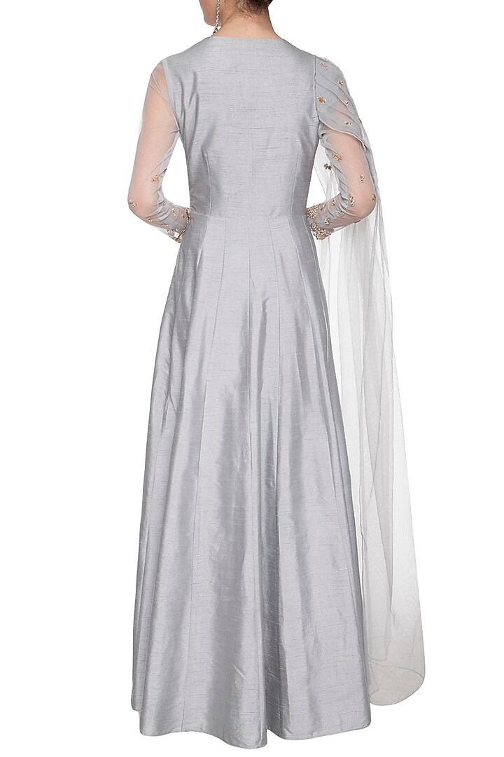 Steel grey embroidered drape Wedding Anarkali gown by Shikha and Nitika at Pernia's Pop Up Shop