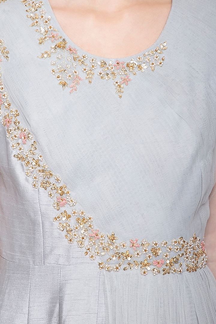 Steel grey embroidered drape Wedding Anarkali gown by Shikha and Nitika at Pernia's Pop Up Shop