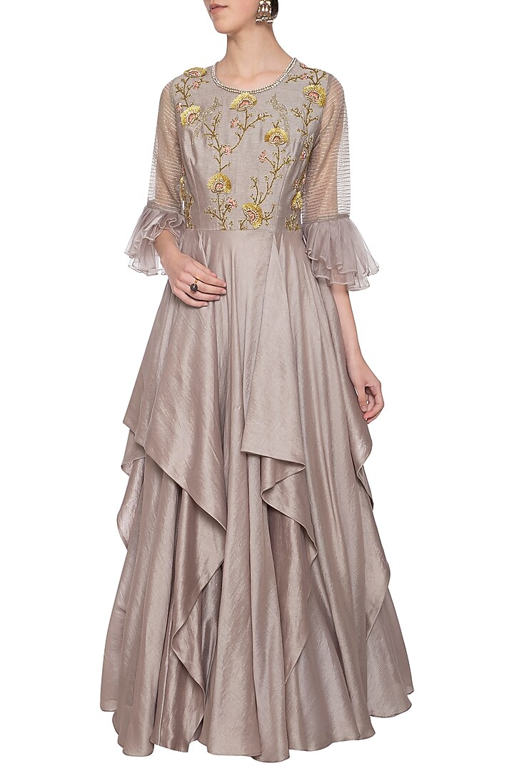Dark grey embroidered drape Wedding Anarkali gown by Shikha and Nitika at Pernia's Pop Up Shop