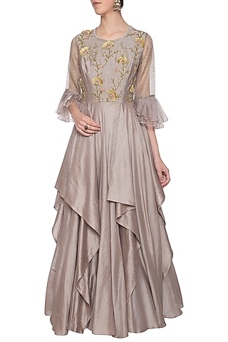 Dark grey embroidered drape anarkali gown by Shikha and Nitika