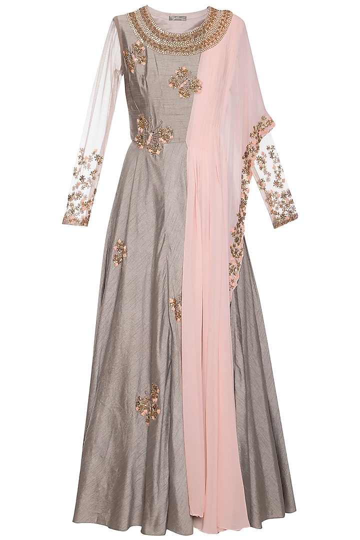 Dark grey and pink embroidered anarkali gown by Shikha and Nitika